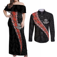 Custom New Zealand Rugby Couples Matching Off Shoulder Maxi Dress and Long Sleeve Button Shirt Maori and Silver Fern Half Style LT03 Black - Polynesian Pride