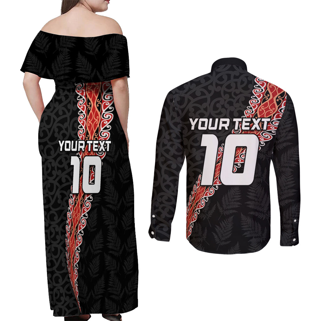Custom New Zealand Rugby Couples Matching Off Shoulder Maxi Dress and Long Sleeve Button Shirt Maori and Silver Fern Half Style LT03 - Polynesian Pride