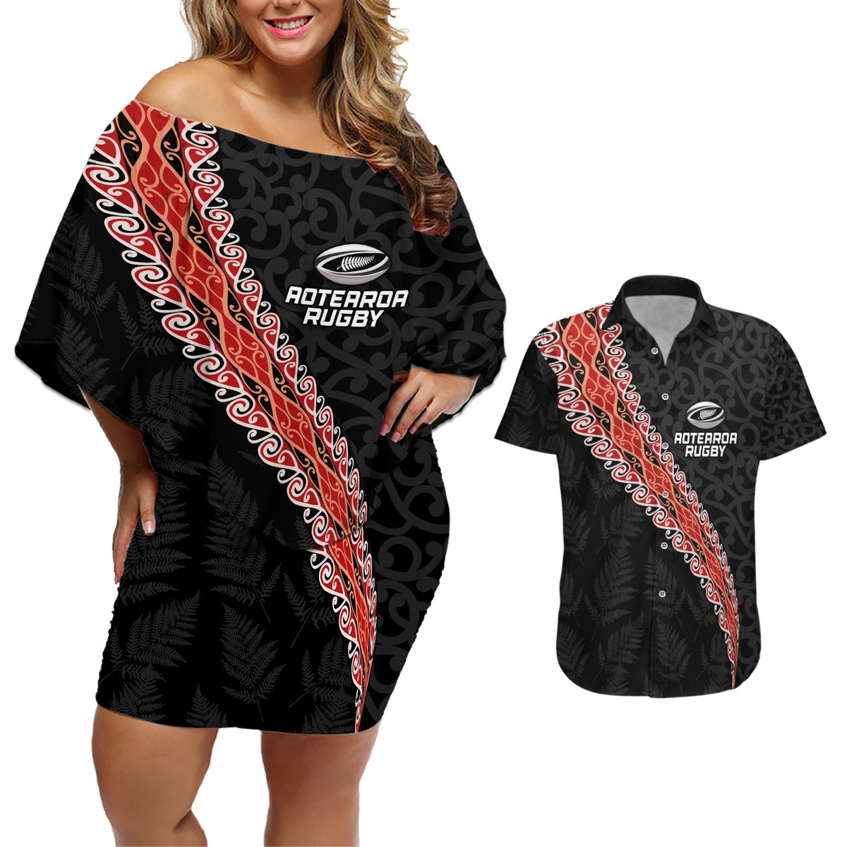 Custom New Zealand Rugby Couples Matching Off Shoulder Short Dress and Hawaiian Shirt Maori and Silver Fern Half Style LT03 Black - Polynesian Pride