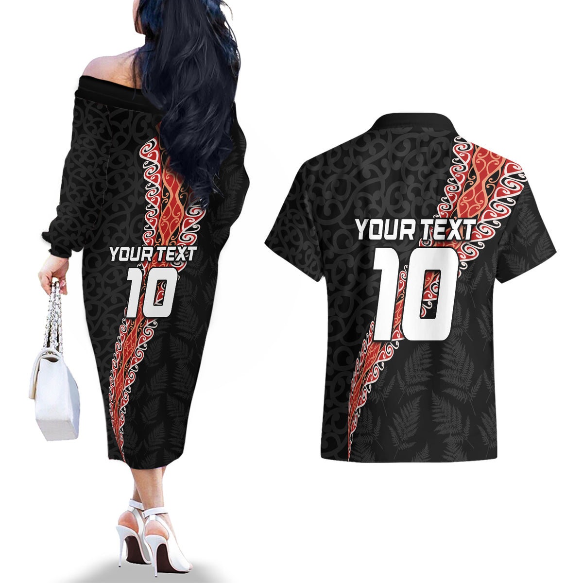 Custom New Zealand Rugby Couples Matching Off The Shoulder Long Sleeve Dress and Hawaiian Shirt Maori and Silver Fern Half Style LT03 - Polynesian Pride