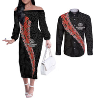 Custom New Zealand Rugby Couples Matching Off The Shoulder Long Sleeve Dress and Long Sleeve Button Shirt Maori and Silver Fern Half Style LT03 Black - Polynesian Pride