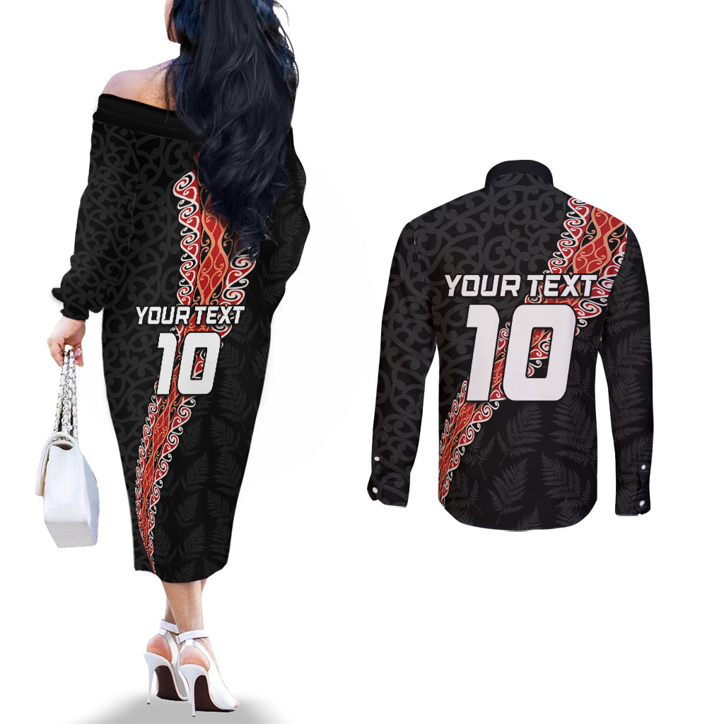 Custom New Zealand Rugby Couples Matching Off The Shoulder Long Sleeve Dress and Long Sleeve Button Shirt Maori and Silver Fern Half Style LT03 - Polynesian Pride