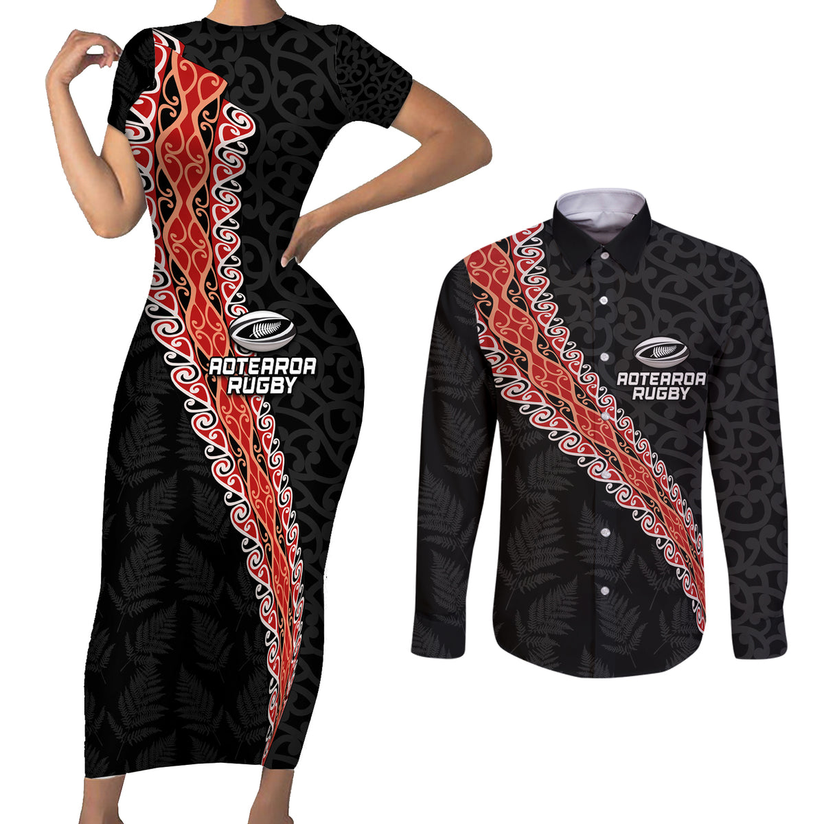 Custom New Zealand Rugby Couples Matching Short Sleeve Bodycon Dress and Long Sleeve Button Shirt Maori and Silver Fern Half Style LT03 Black - Polynesian Pride
