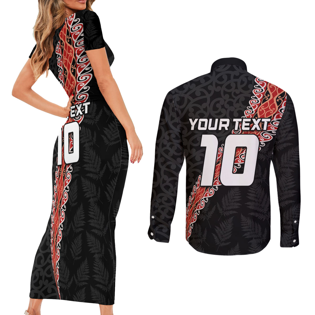 Custom New Zealand Rugby Couples Matching Short Sleeve Bodycon Dress and Long Sleeve Button Shirt Maori and Silver Fern Half Style LT03 - Polynesian Pride