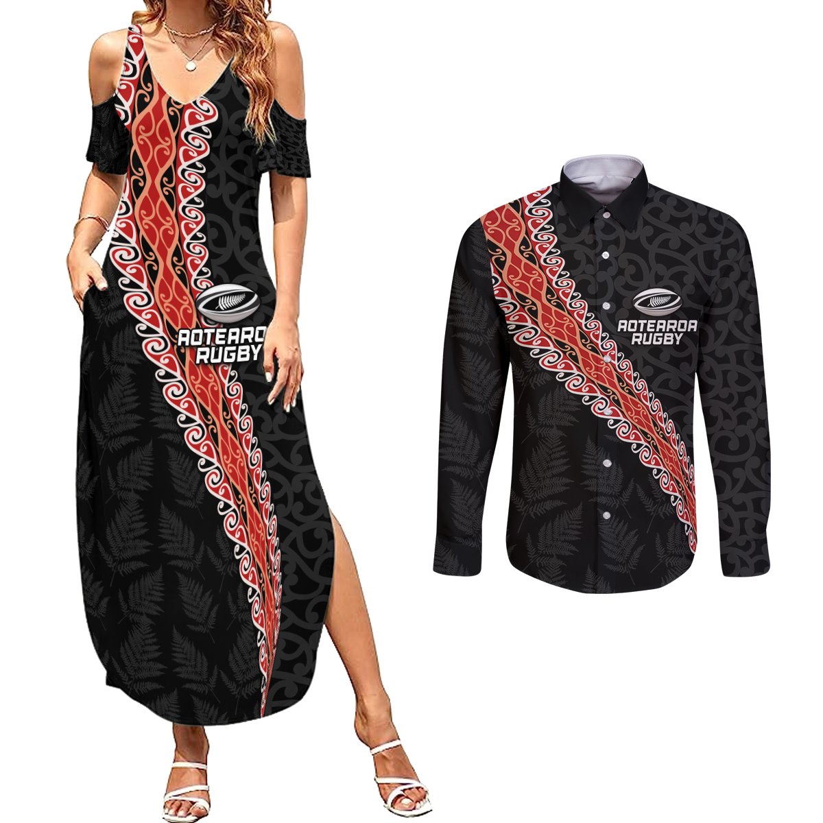 Custom New Zealand Rugby Couples Matching Summer Maxi Dress and Long Sleeve Button Shirt Maori and Silver Fern Half Style LT03 Black - Polynesian Pride