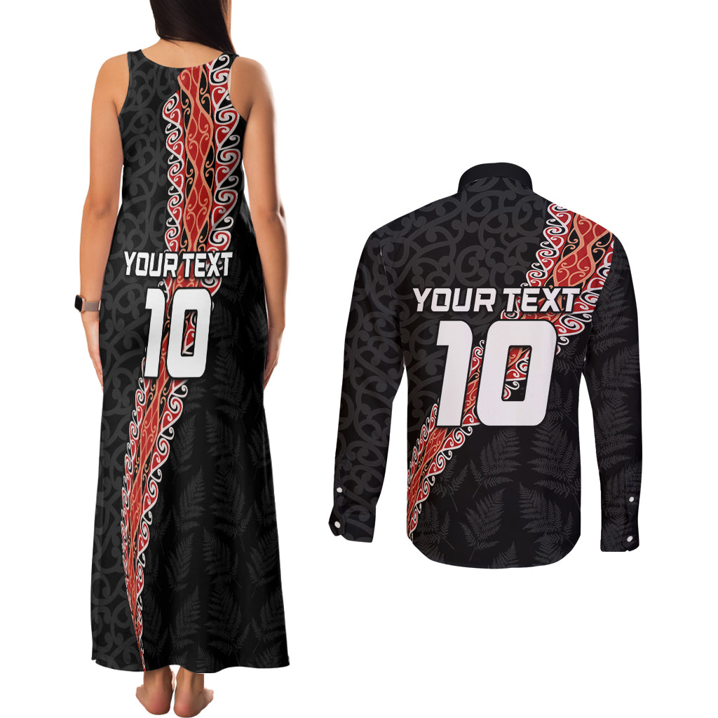 Custom New Zealand Rugby Couples Matching Tank Maxi Dress and Long Sleeve Button Shirt Maori and Silver Fern Half Style LT03 - Polynesian Pride