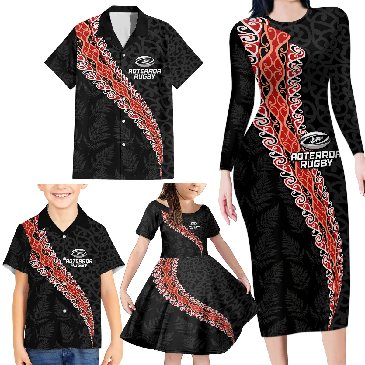 Custom New Zealand Rugby Family Matching Long Sleeve Bodycon Dress and Hawaiian Shirt Maori and Silver Fern Half Style LT03 - Polynesian Pride