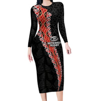 Custom New Zealand Rugby Family Matching Long Sleeve Bodycon Dress and Hawaiian Shirt Maori and Silver Fern Half Style LT03 Mom's Dress Black - Polynesian Pride