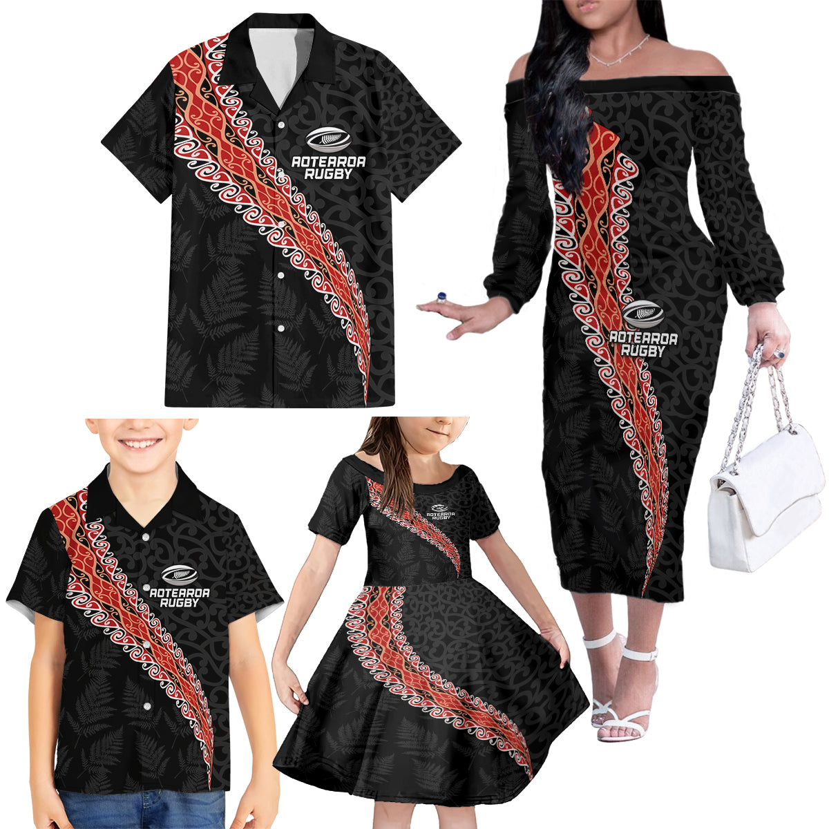 Custom New Zealand Rugby Family Matching Off The Shoulder Long Sleeve Dress and Hawaiian Shirt Maori and Silver Fern Half Style LT03 - Polynesian Pride