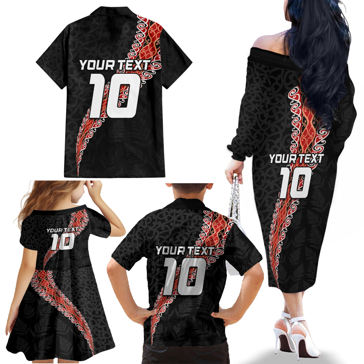 Custom New Zealand Rugby Family Matching Off The Shoulder Long Sleeve Dress and Hawaiian Shirt Maori and Silver Fern Half Style LT03 - Polynesian Pride
