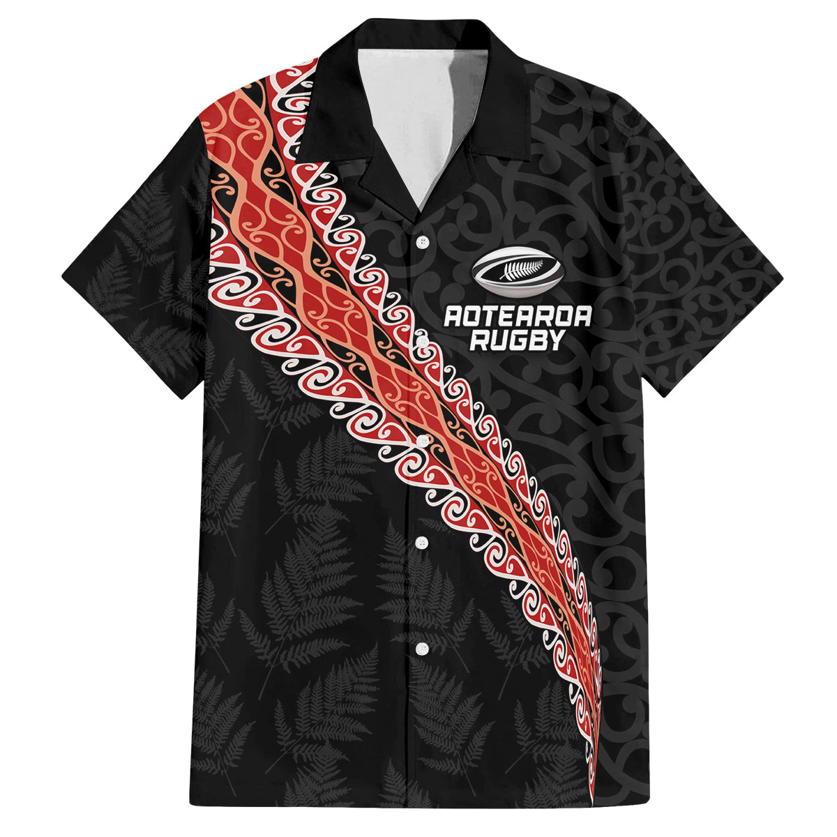 Custom New Zealand Rugby Family Matching Off The Shoulder Long Sleeve Dress and Hawaiian Shirt Maori and Silver Fern Half Style LT03 Dad's Shirt - Short Sleeve Black - Polynesian Pride