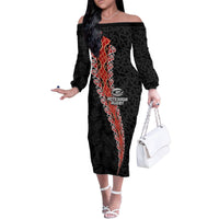 Custom New Zealand Rugby Family Matching Off The Shoulder Long Sleeve Dress and Hawaiian Shirt Maori and Silver Fern Half Style LT03 Mom's Dress Black - Polynesian Pride