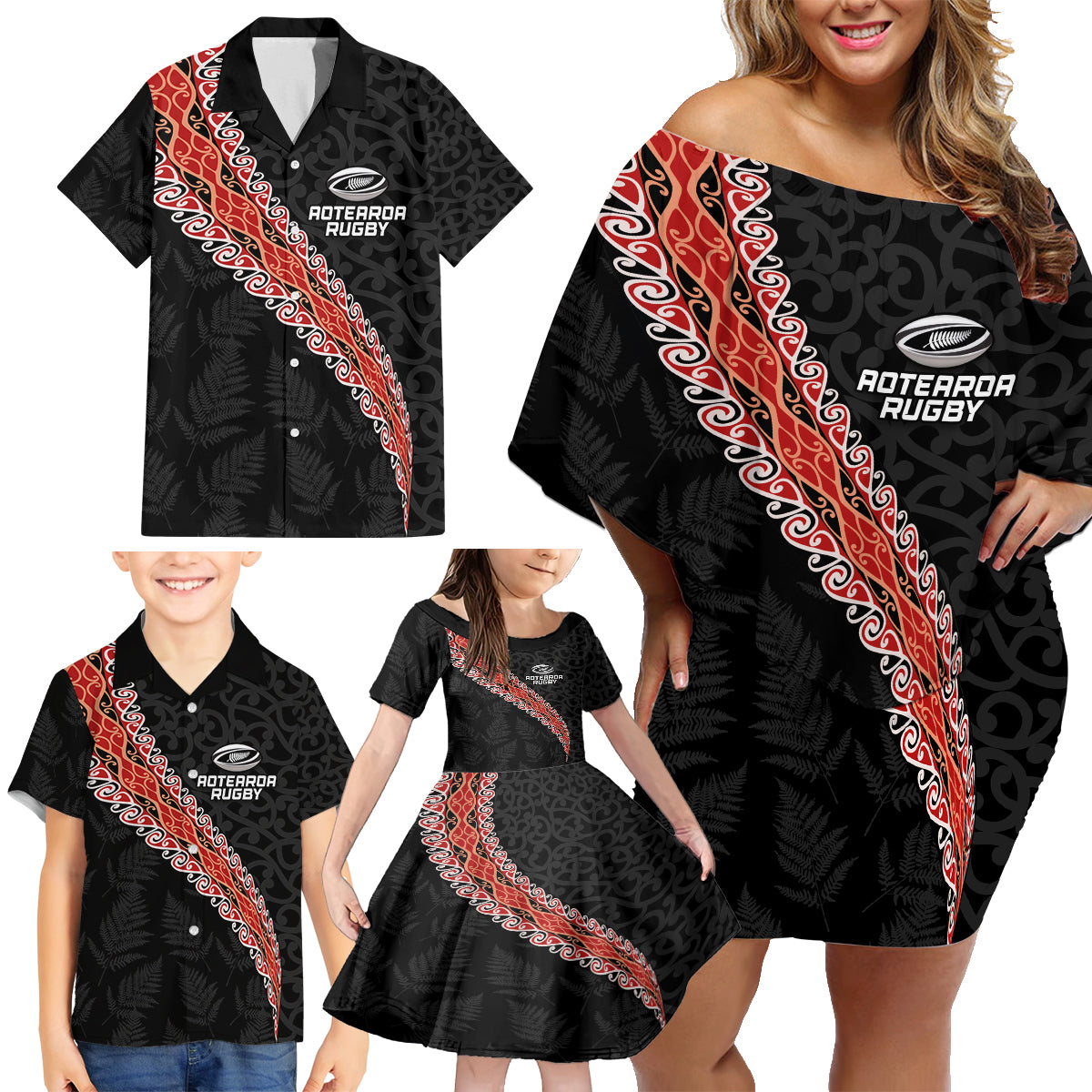 Custom New Zealand Rugby Family Matching Off Shoulder Short Dress and Hawaiian Shirt Maori and Silver Fern Half Style LT03 - Polynesian Pride