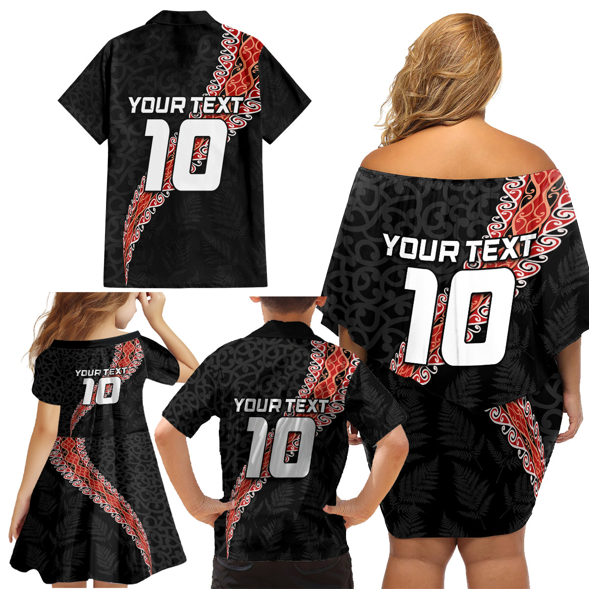 Custom New Zealand Rugby Family Matching Off Shoulder Short Dress and Hawaiian Shirt Maori and Silver Fern Half Style LT03 - Polynesian Pride