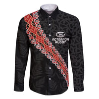 Custom New Zealand Rugby Family Matching Off Shoulder Short Dress and Hawaiian Shirt Maori and Silver Fern Half Style LT03 Dad's Shirt - Long Sleeve Black - Polynesian Pride