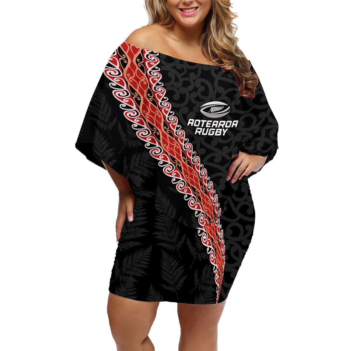Custom New Zealand Rugby Family Matching Off Shoulder Short Dress and Hawaiian Shirt Maori and Silver Fern Half Style LT03 Mom's Dress Black - Polynesian Pride
