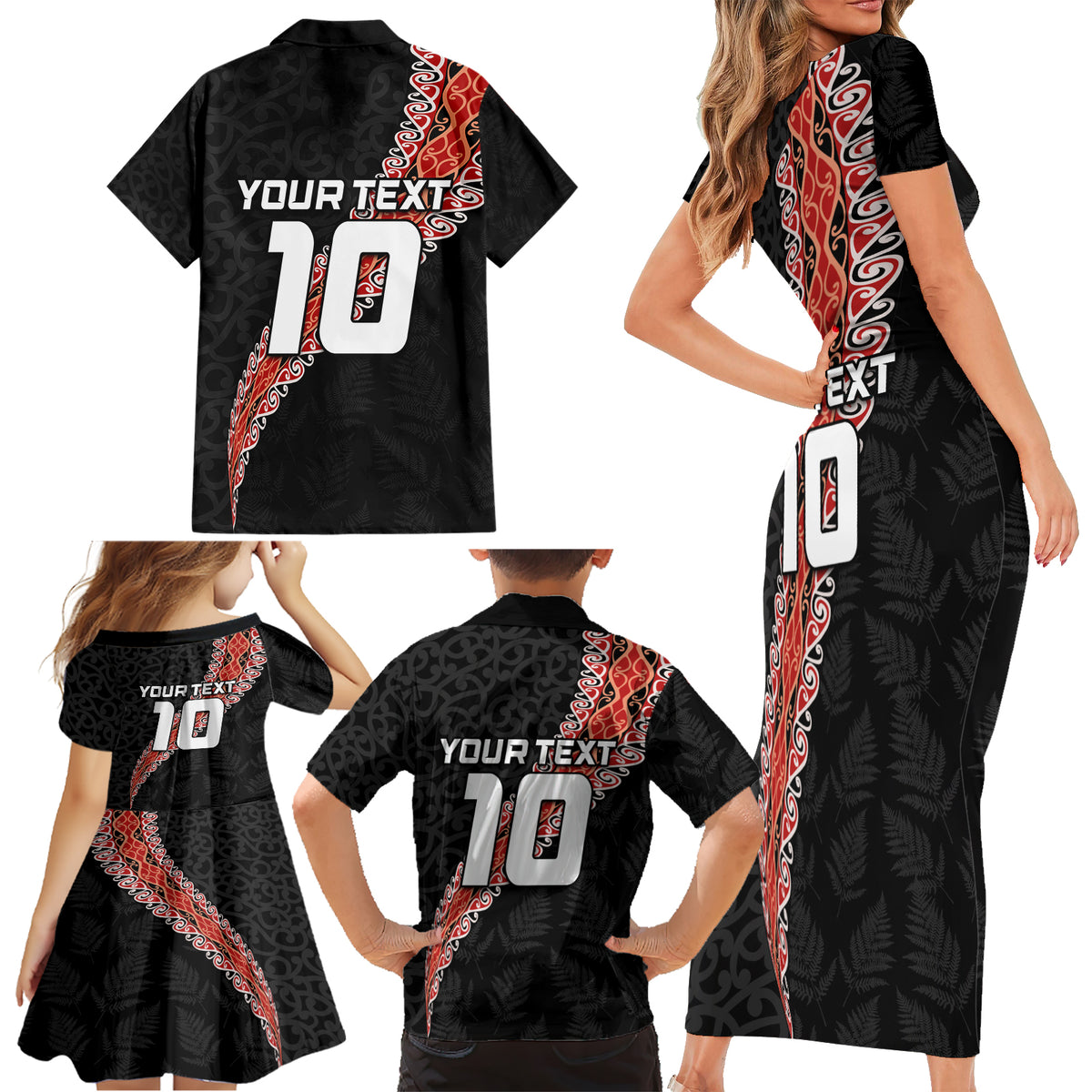 Custom New Zealand Rugby Family Matching Short Sleeve Bodycon Dress and Hawaiian Shirt Maori and Silver Fern Half Style LT03 - Polynesian Pride
