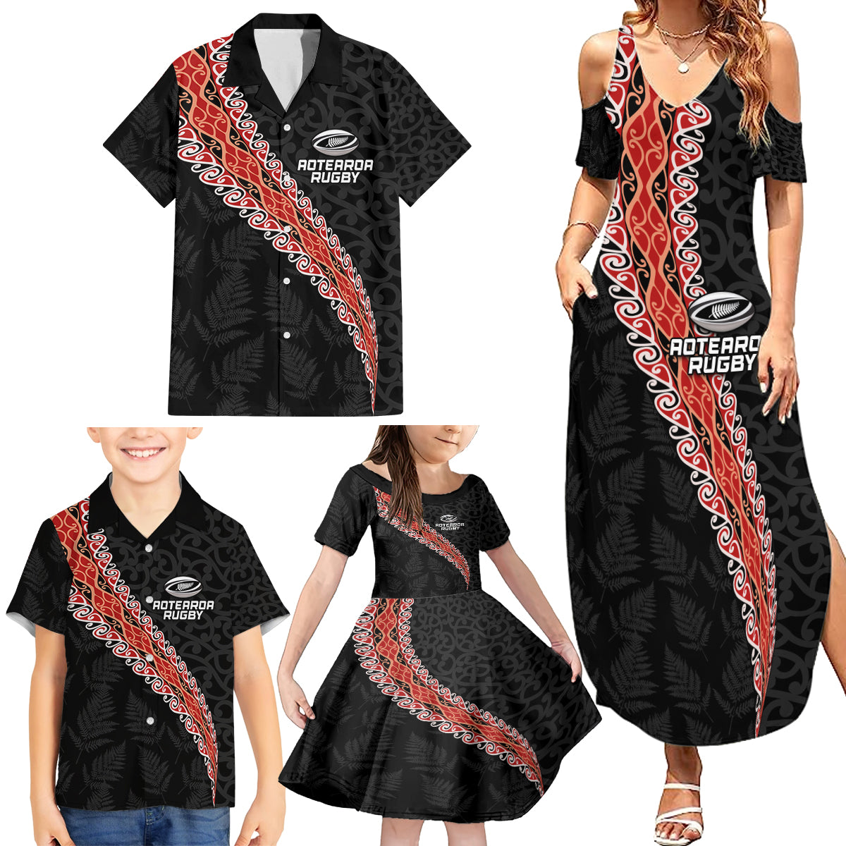 Custom New Zealand Rugby Family Matching Summer Maxi Dress and Hawaiian Shirt Maori and Silver Fern Half Style LT03 - Polynesian Pride