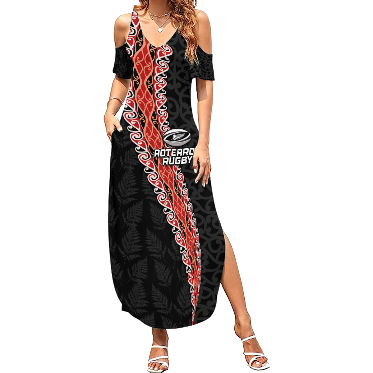 Custom New Zealand Rugby Family Matching Summer Maxi Dress and Hawaiian Shirt Maori and Silver Fern Half Style LT03 Mom's Dress Black - Polynesian Pride