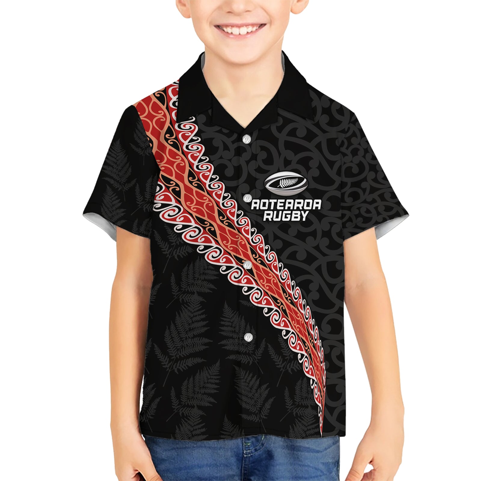 Custom New Zealand Rugby Kid Hawaiian Shirt Maori and Silver Fern Half Style LT03 Kid Black - Polynesian Pride