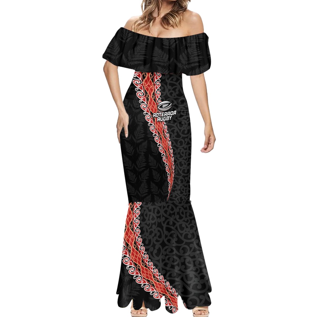 Custom New Zealand Rugby Mermaid Dress Maori and Silver Fern Half Style LT03 - Polynesian Pride
