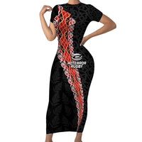 Custom New Zealand Rugby Short Sleeve Bodycon Dress Maori and Silver Fern Half Style LT03 Long Dress Black - Polynesian Pride