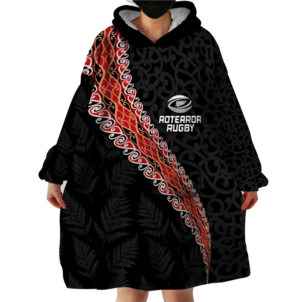 Custom New Zealand Rugby Wearable Blanket Hoodie Maori and Silver Fern Half Style LT03 - Polynesian Pride