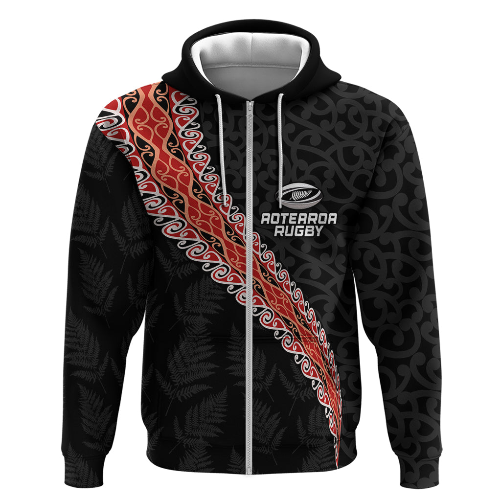 Custom New Zealand Rugby Zip Hoodie Maori and Silver Fern Half Style LT03 Zip Hoodie Black - Polynesian Pride
