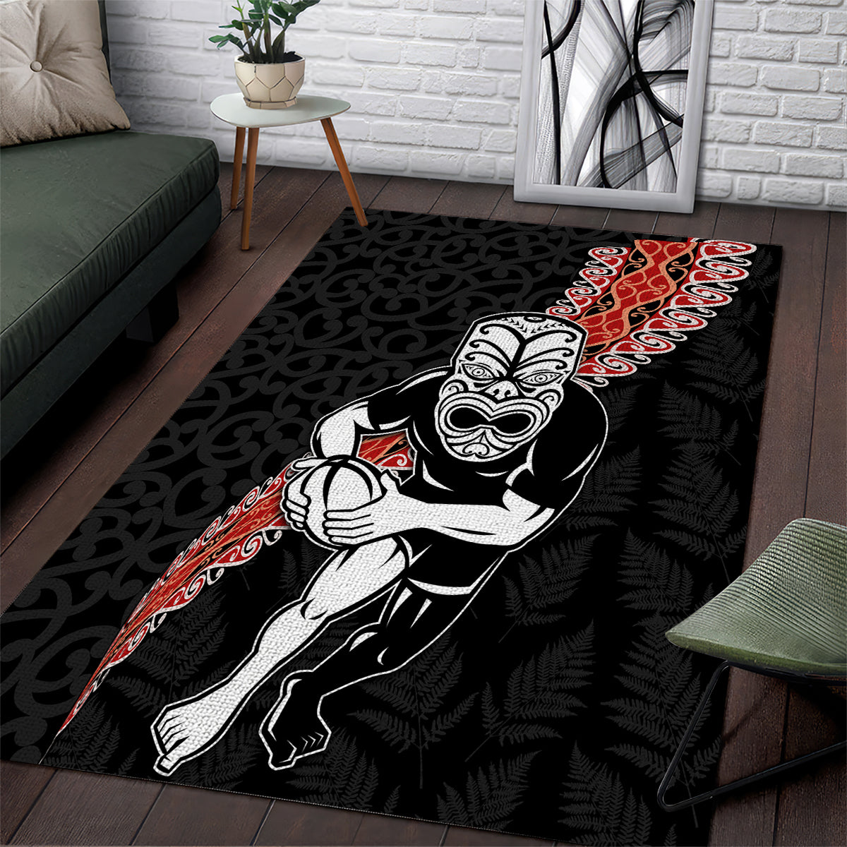 New Zealand Maori Warrior Rugby Area Rug Maori and Silver Fern Half Style LT03 Black - Polynesian Pride