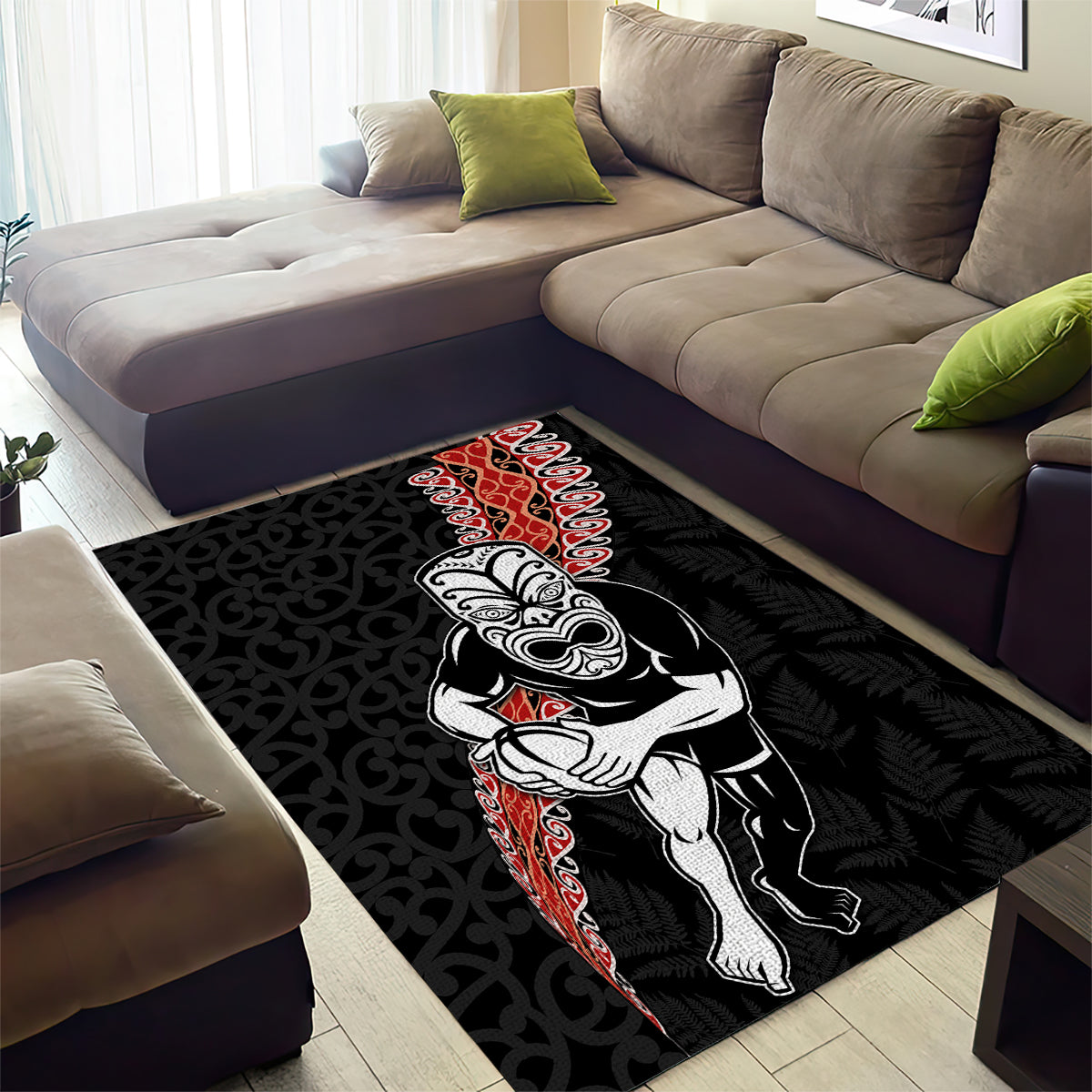 New Zealand Maori Warrior Rugby Area Rug Maori and Silver Fern Half Style LT03 - Polynesian Pride