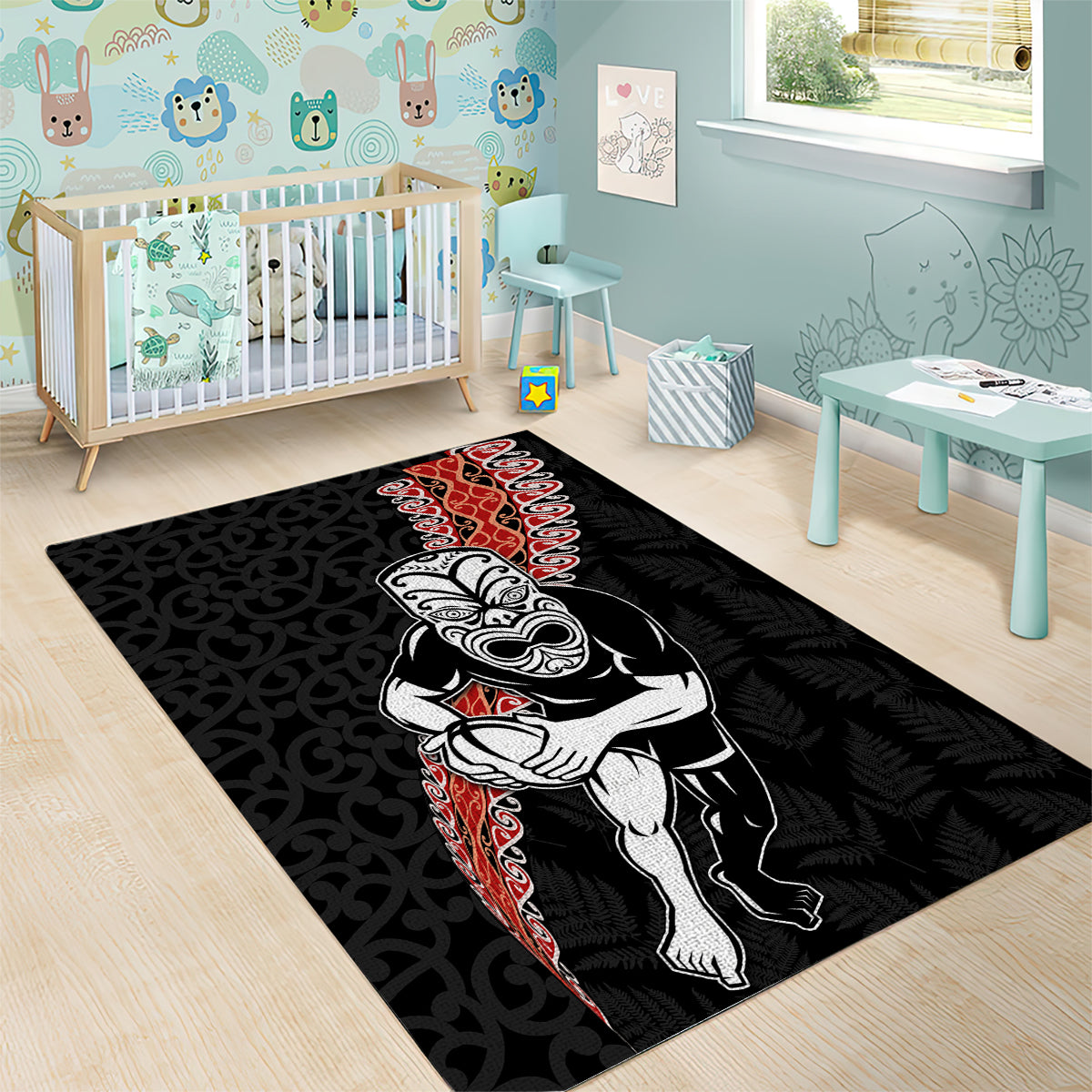 New Zealand Maori Warrior Rugby Area Rug Maori and Silver Fern Half Style LT03 - Polynesian Pride