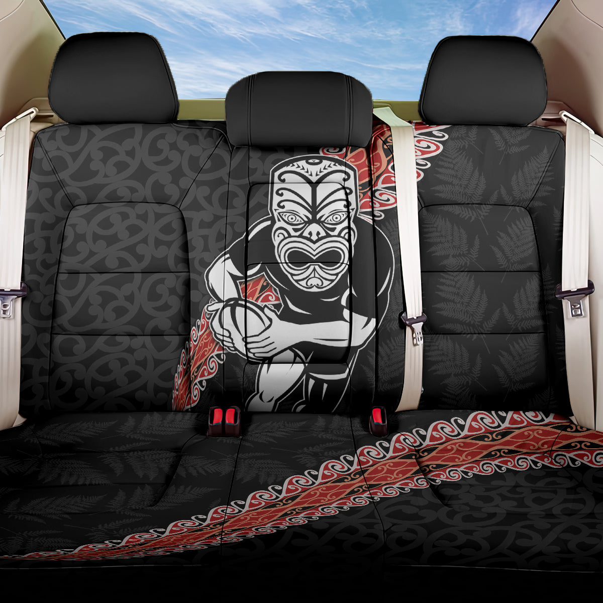New Zealand Maori Warrior Rugby Back Car Seat Cover Maori and Silver Fern Half Style LT03 One Size Black - Polynesian Pride