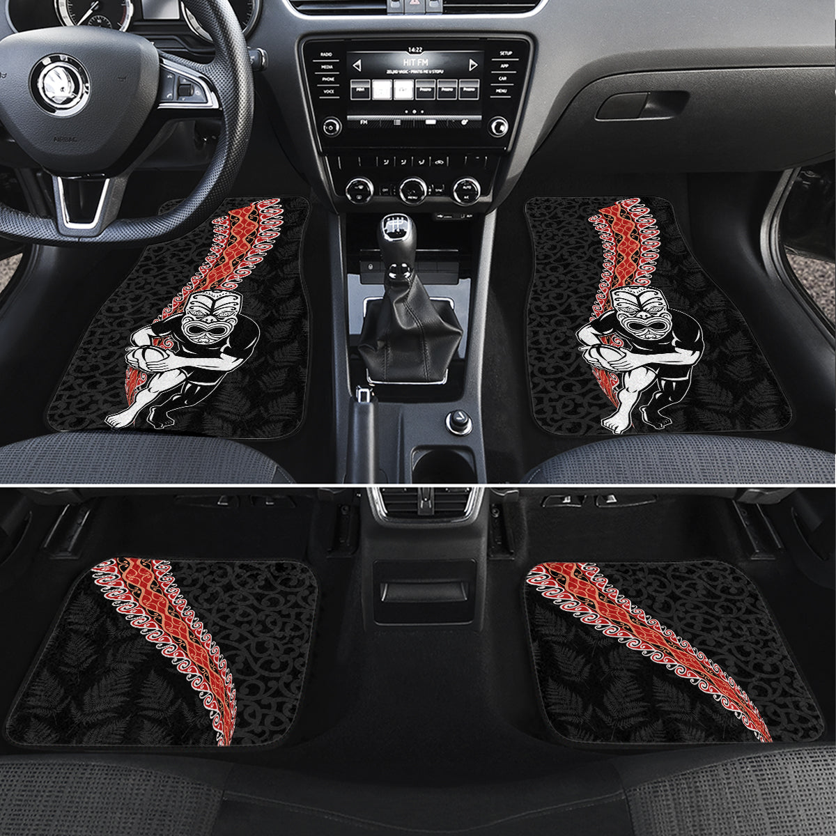 New Zealand Maori Warrior Rugby Car Mats Maori and Silver Fern Half Style LT03 Set 4pcs Black - Polynesian Pride