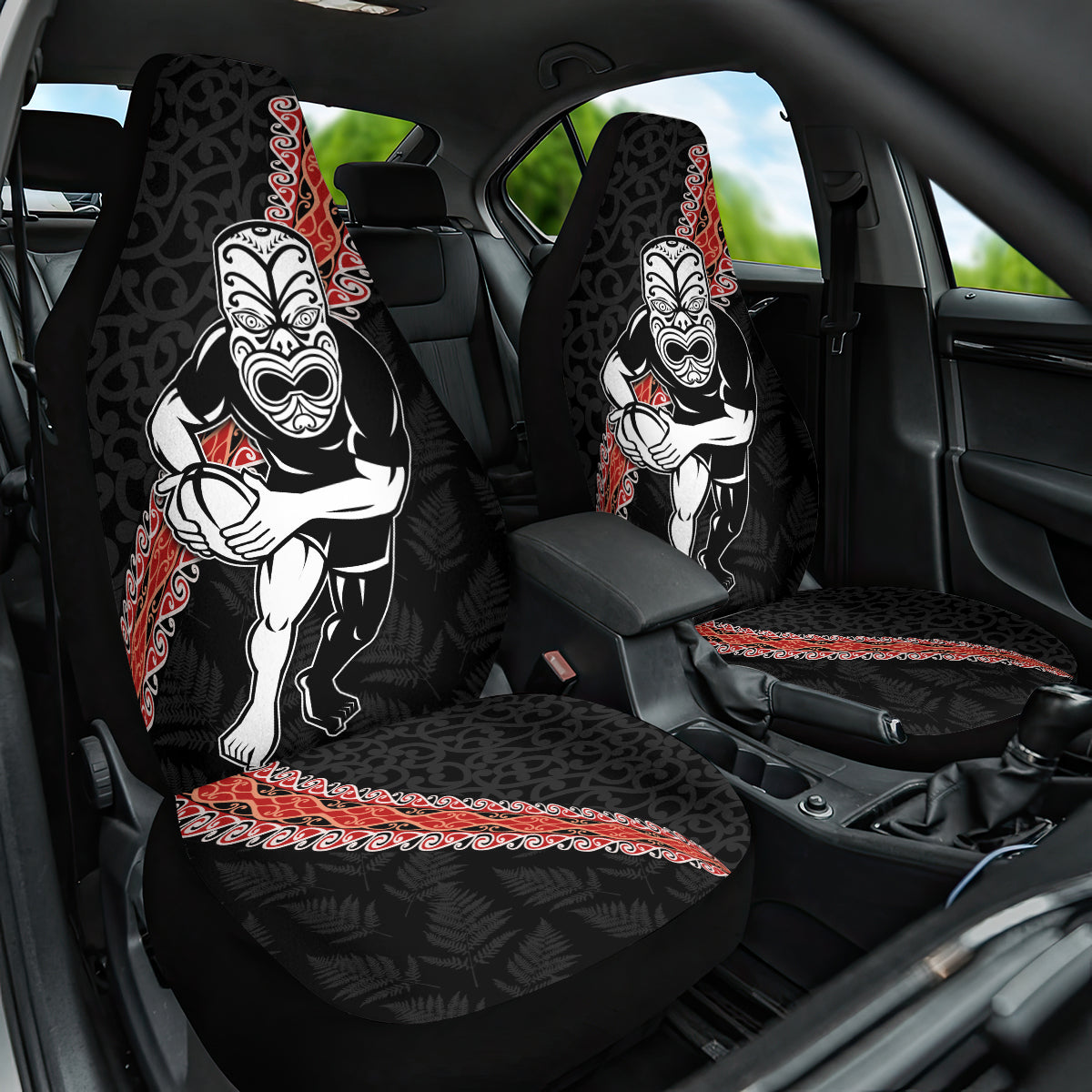 New Zealand Maori Warrior Rugby Car Seat Cover Maori and Silver Fern Half Style LT03 One Size Black - Polynesian Pride