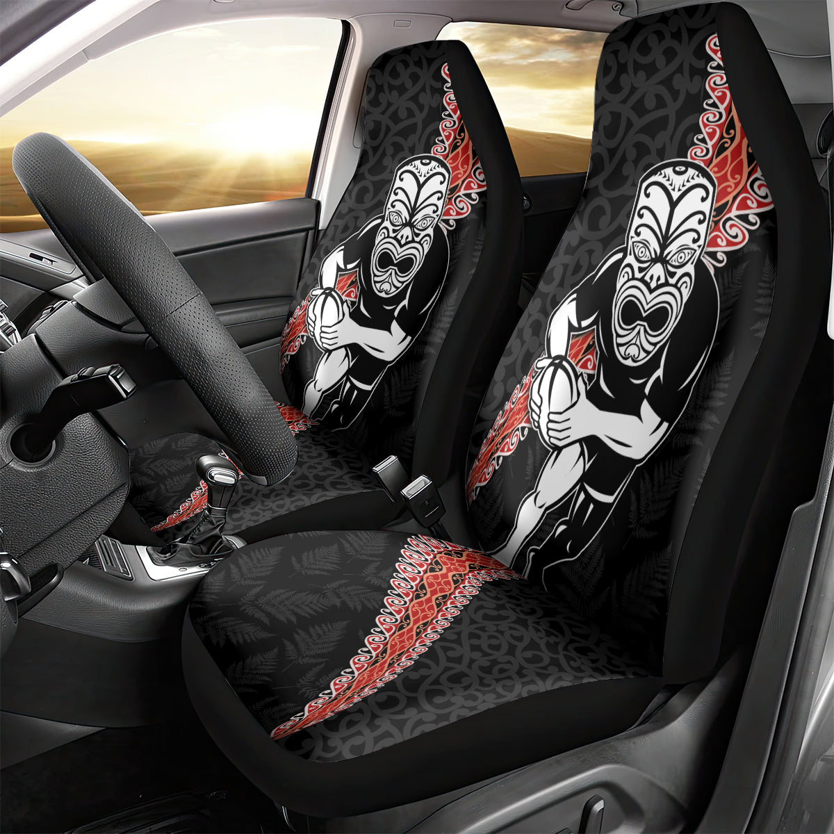 New Zealand Maori Warrior Rugby Car Seat Cover Maori and Silver Fern Half Style LT03 - Polynesian Pride