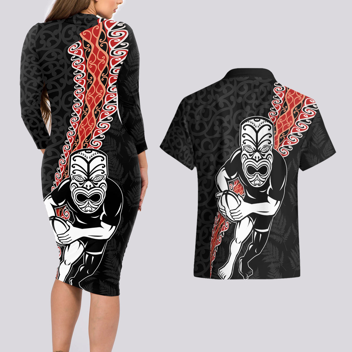 New Zealand Maori Warrior Rugby Couples Matching Long Sleeve Bodycon Dress and Hawaiian Shirt Maori and Silver Fern Half Style LT03 - Polynesian Pride