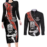 New Zealand Maori Warrior Rugby Couples Matching Long Sleeve Bodycon Dress and Long Sleeve Button Shirt Maori and Silver Fern Half Style LT03 Black - Polynesian Pride