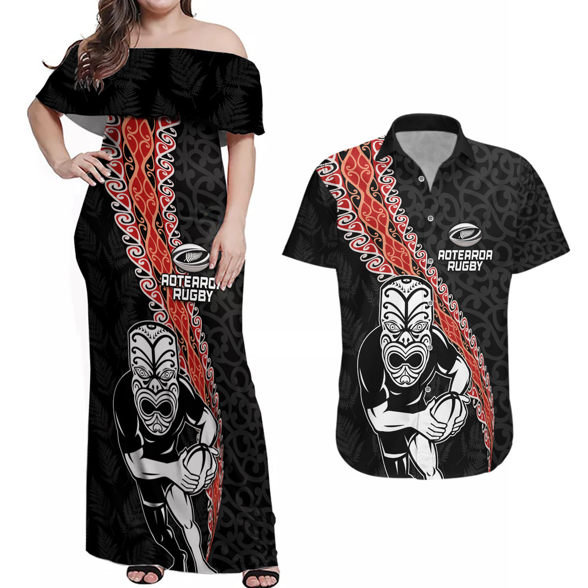 New Zealand Maori Warrior Rugby Couples Matching Off Shoulder Maxi Dress and Hawaiian Shirt Maori and Silver Fern Half Style LT03 Black - Polynesian Pride