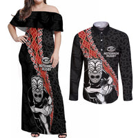 New Zealand Maori Warrior Rugby Couples Matching Off Shoulder Maxi Dress and Long Sleeve Button Shirt Maori and Silver Fern Half Style LT03 Black - Polynesian Pride