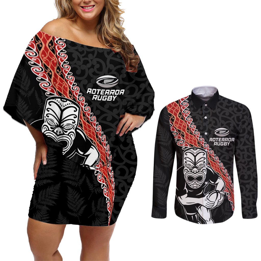 New Zealand Maori Warrior Rugby Couples Matching Off Shoulder Short Dress and Long Sleeve Button Shirt Maori and Silver Fern Half Style LT03 Black - Polynesian Pride