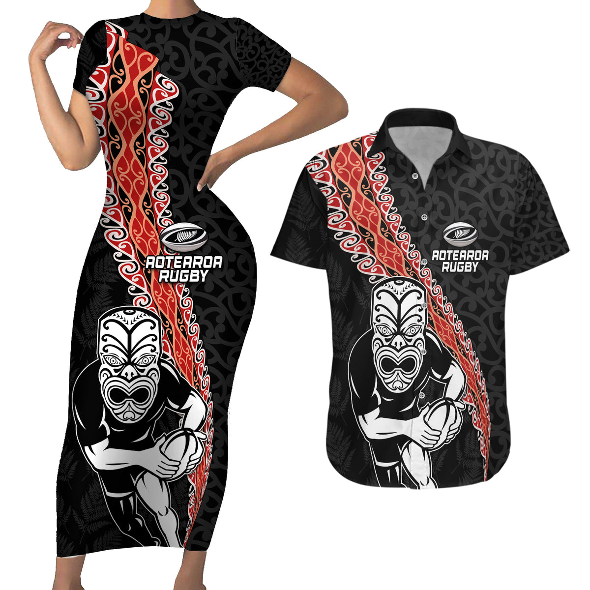 New Zealand Maori Warrior Rugby Couples Matching Short Sleeve Bodycon Dress and Hawaiian Shirt Maori and Silver Fern Half Style LT03 Black - Polynesian Pride