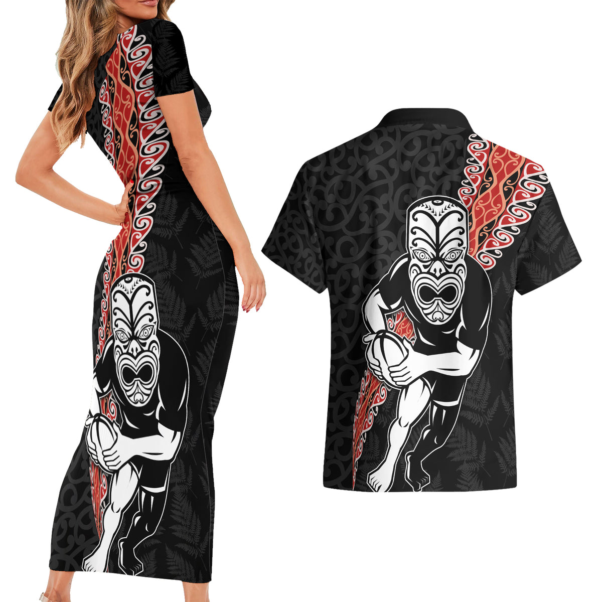 New Zealand Maori Warrior Rugby Couples Matching Short Sleeve Bodycon Dress and Hawaiian Shirt Maori and Silver Fern Half Style LT03 - Polynesian Pride
