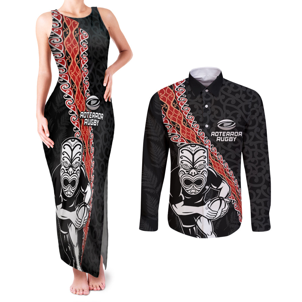 New Zealand Maori Warrior Rugby Couples Matching Tank Maxi Dress and Long Sleeve Button Shirt Maori and Silver Fern Half Style LT03 Black - Polynesian Pride