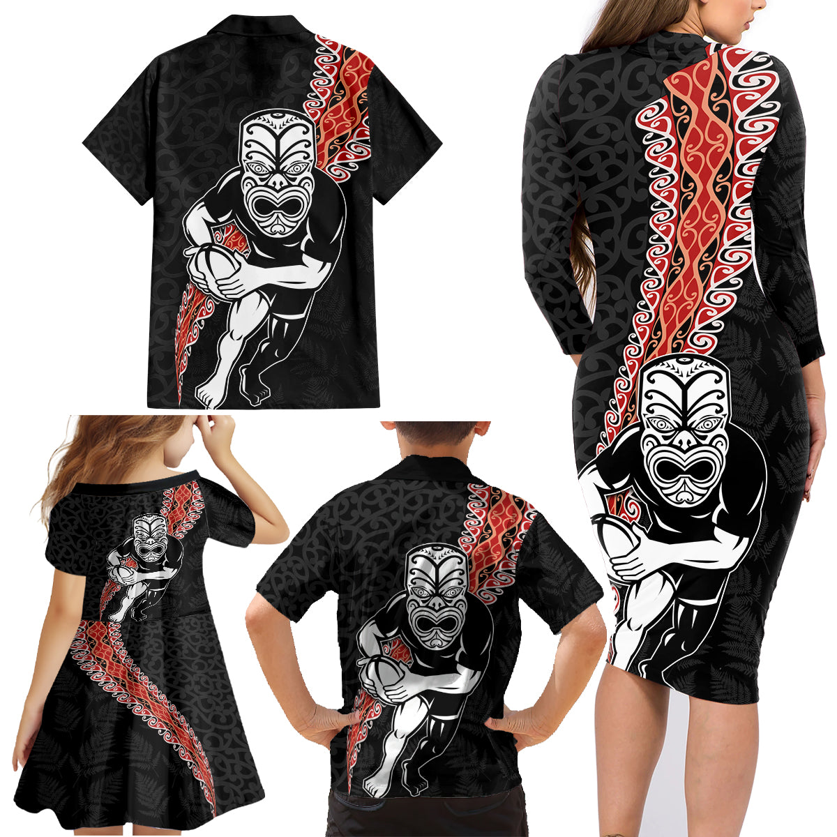 New Zealand Maori Warrior Rugby Family Matching Long Sleeve Bodycon Dress and Hawaiian Shirt Maori and Silver Fern Half Style LT03 - Polynesian Pride