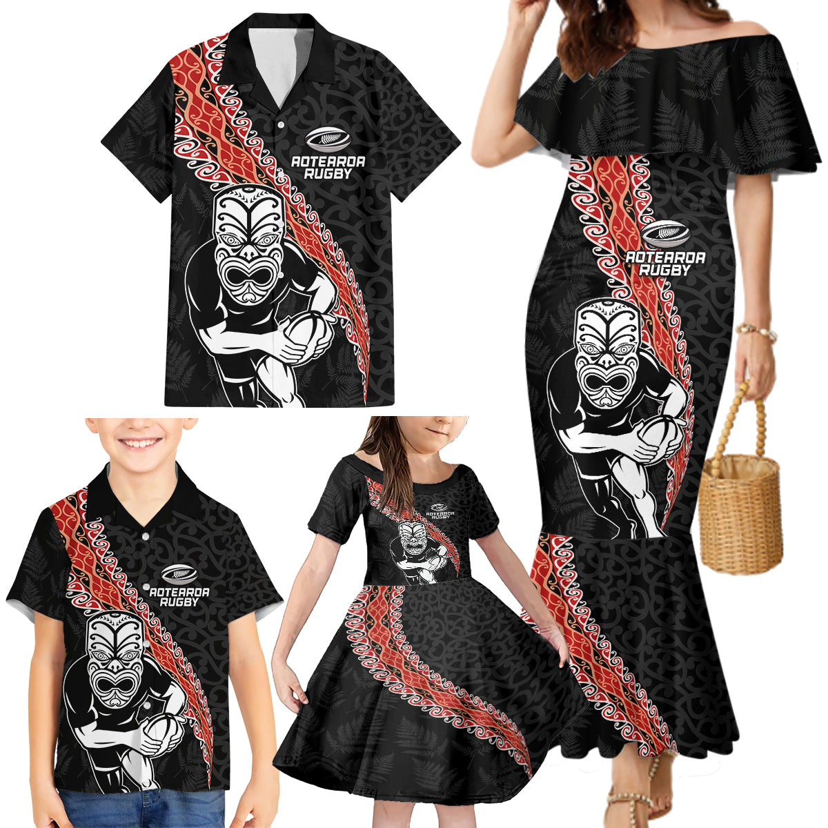 New Zealand Maori Warrior Rugby Family Matching Mermaid Dress and Hawaiian Shirt Maori and Silver Fern Half Style LT03 - Polynesian Pride