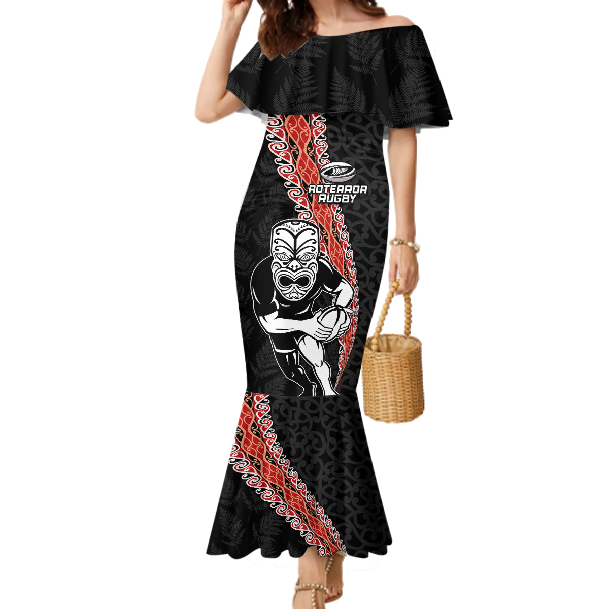 New Zealand Maori Warrior Rugby Family Matching Mermaid Dress and Hawaiian Shirt Maori and Silver Fern Half Style LT03 Mom's Dress Black - Polynesian Pride