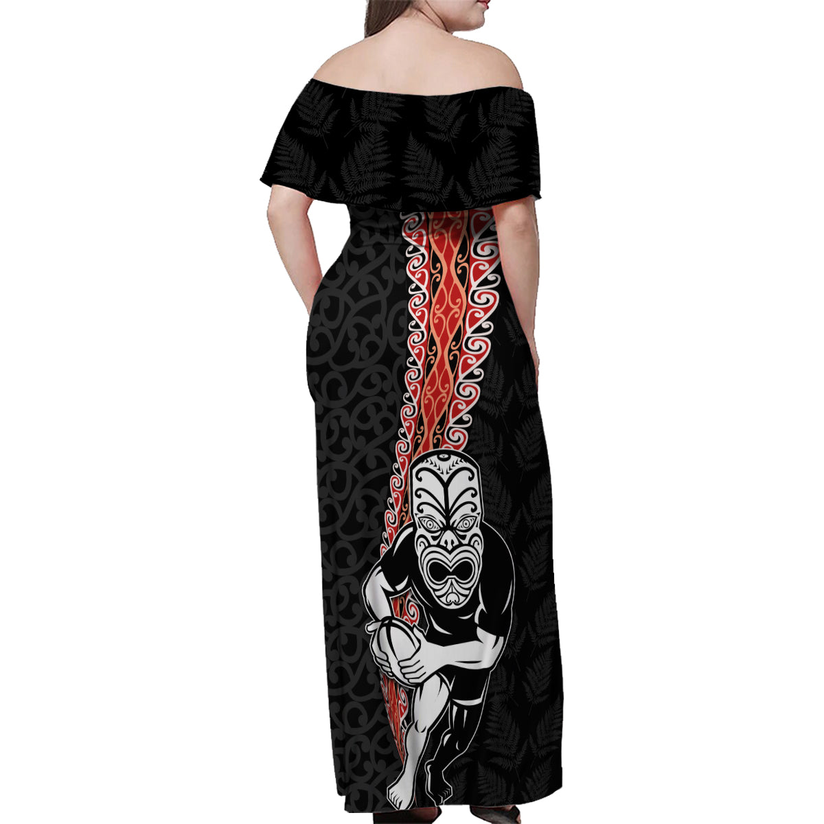 New Zealand Maori Warrior Rugby Family Matching Off Shoulder Maxi Dress and Hawaiian Shirt Maori and Silver Fern Half Style LT03 - Polynesian Pride