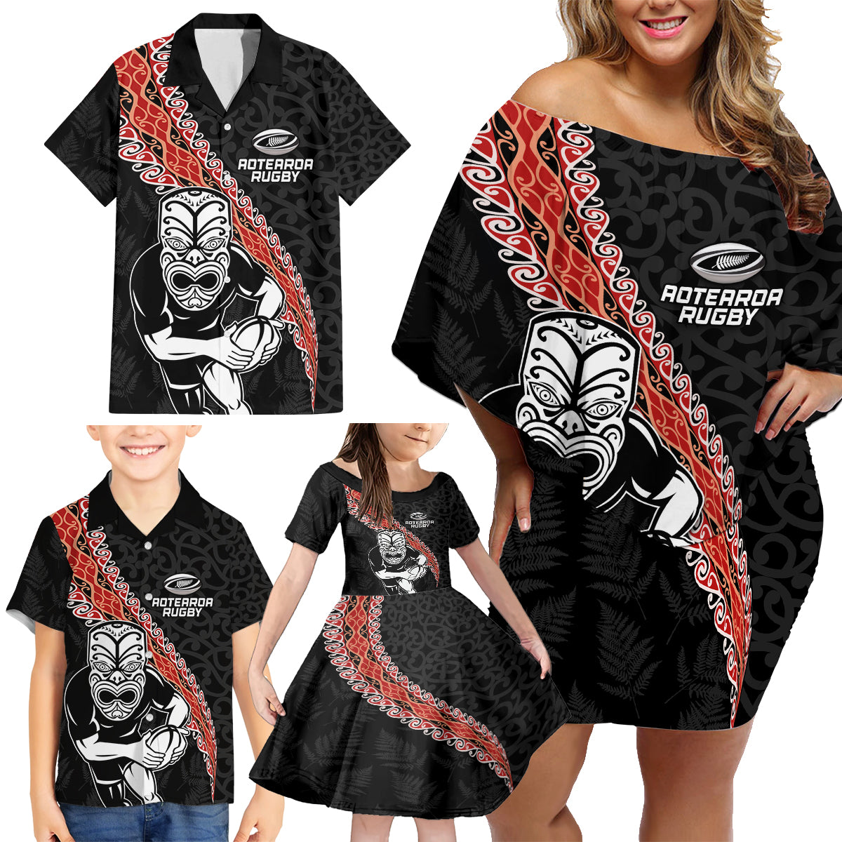 New Zealand Maori Warrior Rugby Family Matching Off Shoulder Short Dress and Hawaiian Shirt Maori and Silver Fern Half Style LT03 - Polynesian Pride