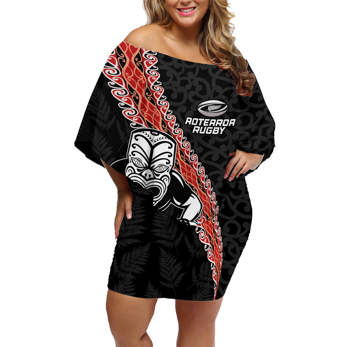 New Zealand Maori Warrior Rugby Family Matching Off Shoulder Short Dress and Hawaiian Shirt Maori and Silver Fern Half Style LT03 Mom's Dress Black - Polynesian Pride