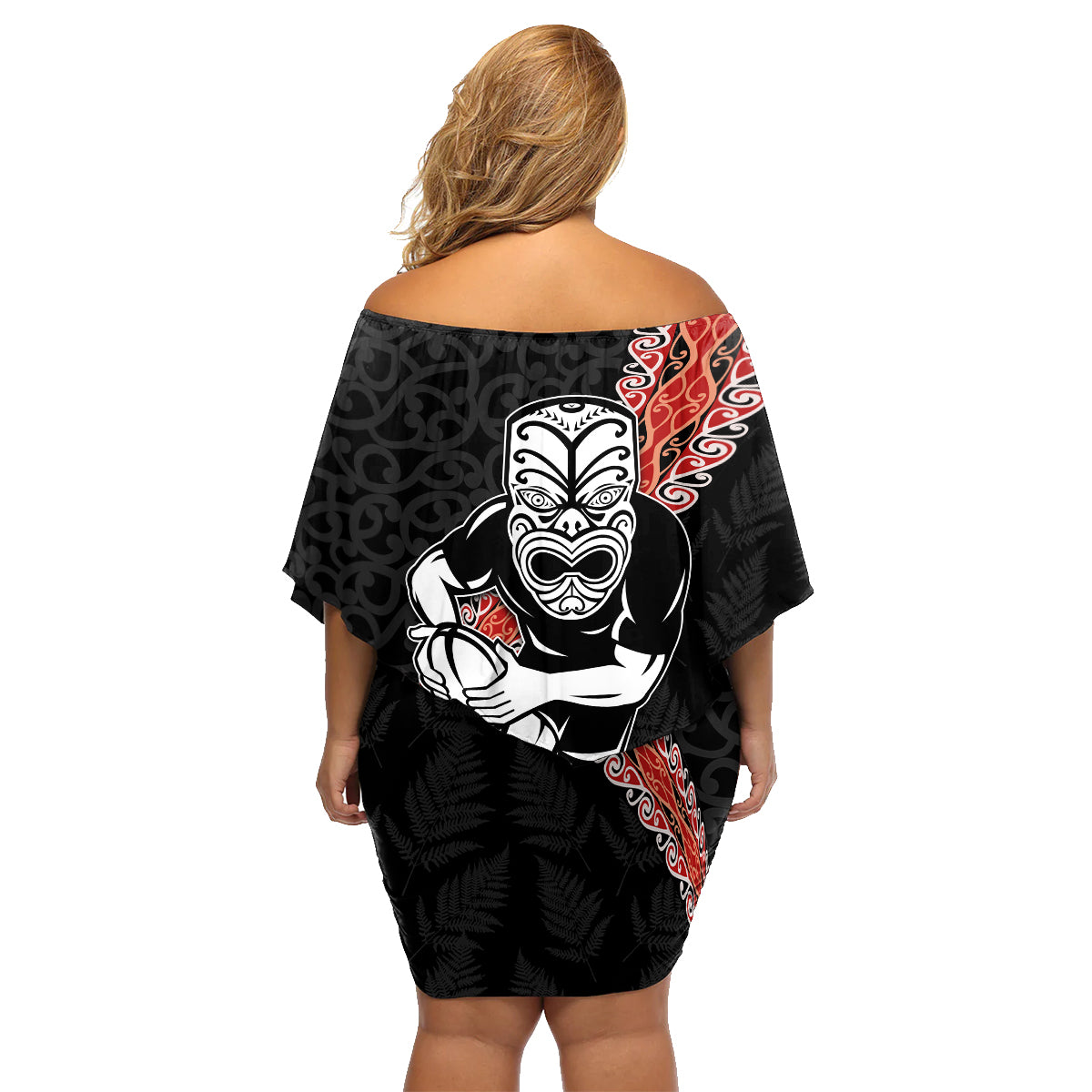 New Zealand Maori Warrior Rugby Family Matching Off Shoulder Short Dress and Hawaiian Shirt Maori and Silver Fern Half Style LT03 - Polynesian Pride